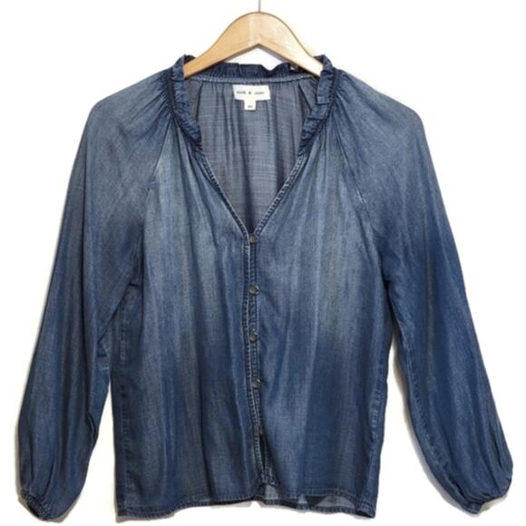 Cloth & Stone V Neck Long Sleeve Chambray Denim Button Down Shirt Size XS - Picture 2 of 15